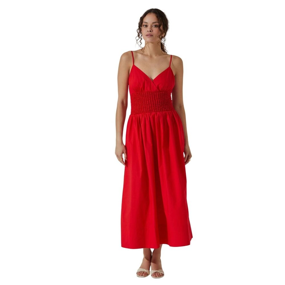 NWT Small Aster The Label  Red Smocked Midi Dress With Adjustable Straps